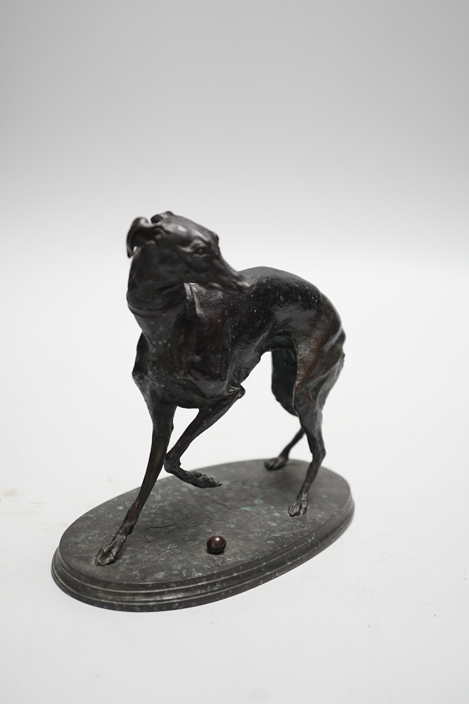 After Pierre-Jules Mene, A bronze study of a whippet, signed to underside, 17cm wide, 15cm high